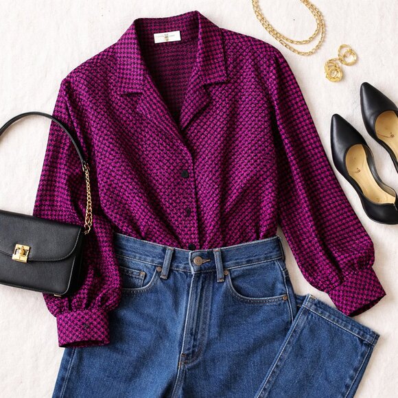 Vintage Silk Blouse Magenta Black Houndstooth Button Up 80s Retro Preppy Top 6 - Picture 2 of 10
